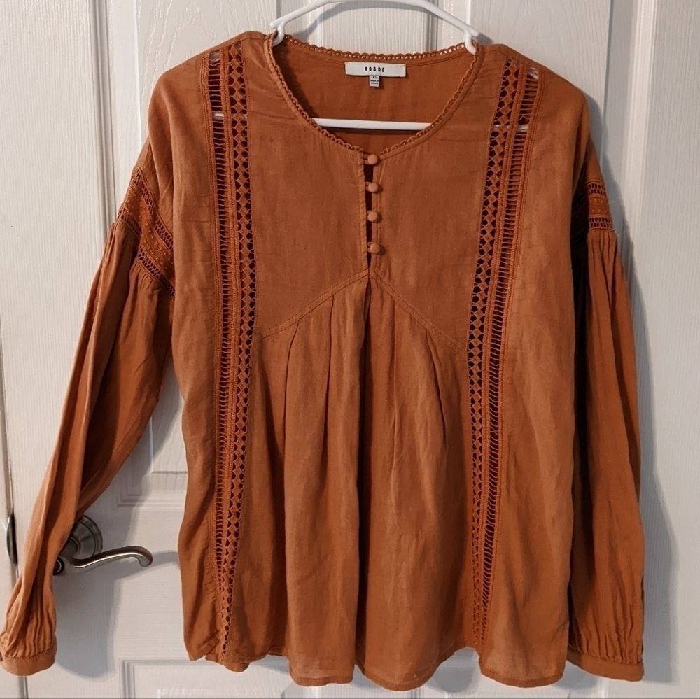 New RO & DE‎ 100% Cotton Oversized Orange 1/4 Button Lace Detail Blouse Size XS